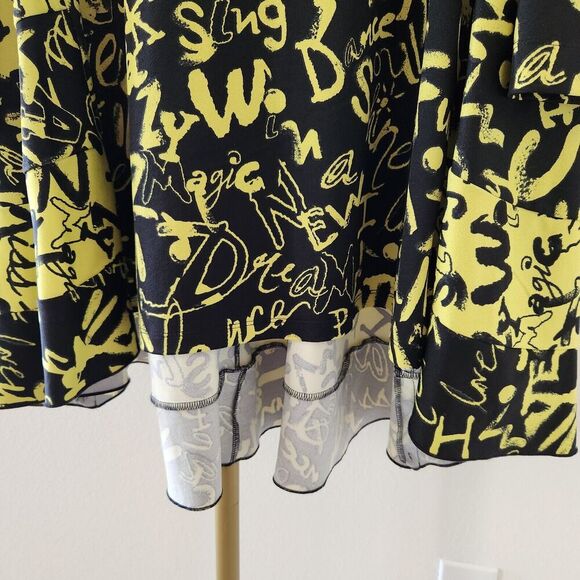 Ali Miles Funky Graffiti High Low Swing Top Womens Size Small Black Chartreuse - Picture 3 of 6